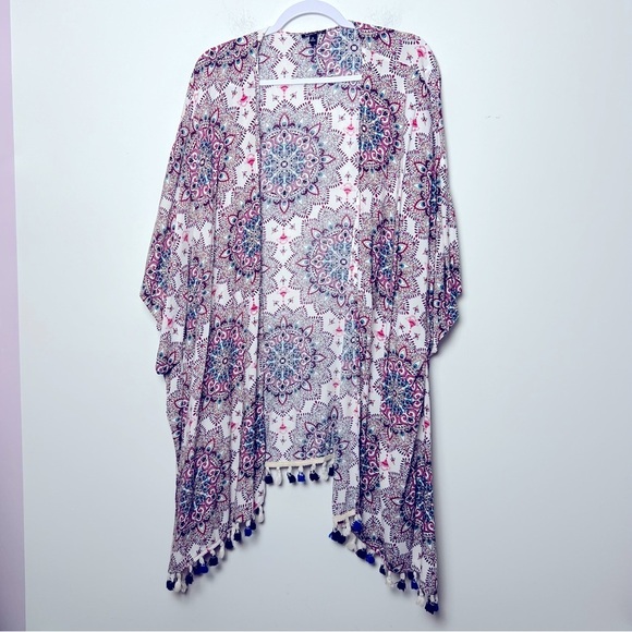 Sami & Jo Colorful Kaleidescope Print Tassel Fringe Oversized Rayon Kimono - Picture 1 of 15